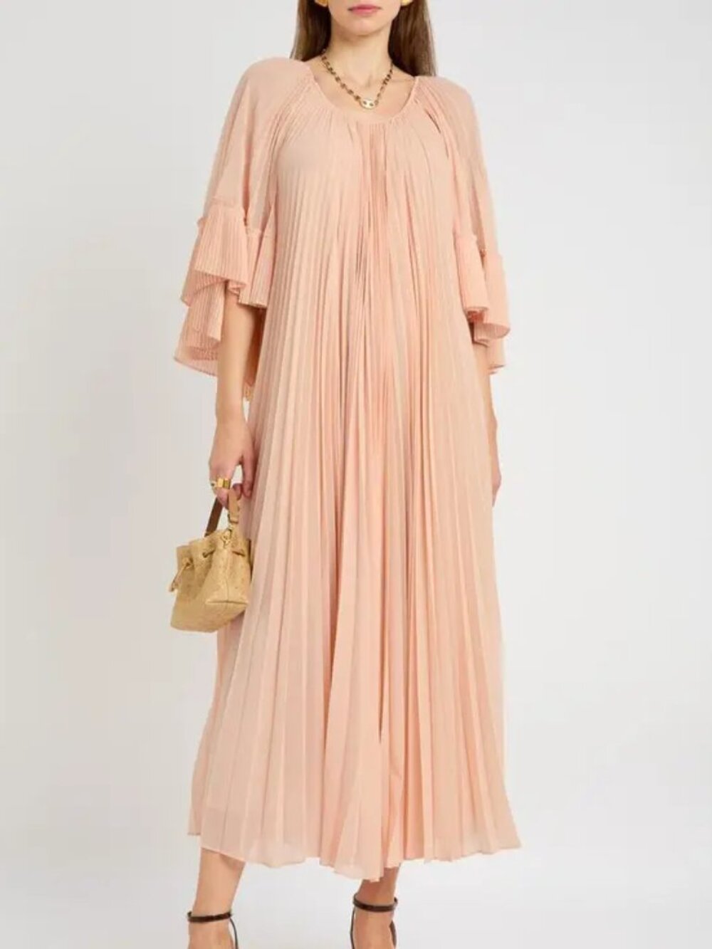 Zimmerman pleated shawl-style long dress made of nude pink chiffon